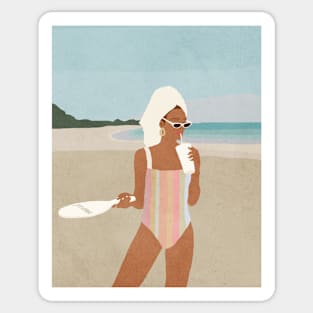 Girl on the beach, Woman, Mid century art Sticker